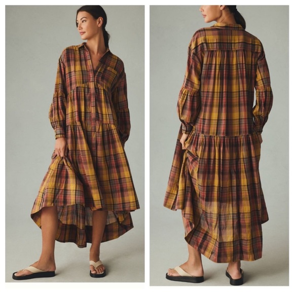 Anthropologie Dresses & Skirts - Anthropologie Pilcro Long-Sleeve Tiered High-Low Dress Fall Plaid Collar Boho M